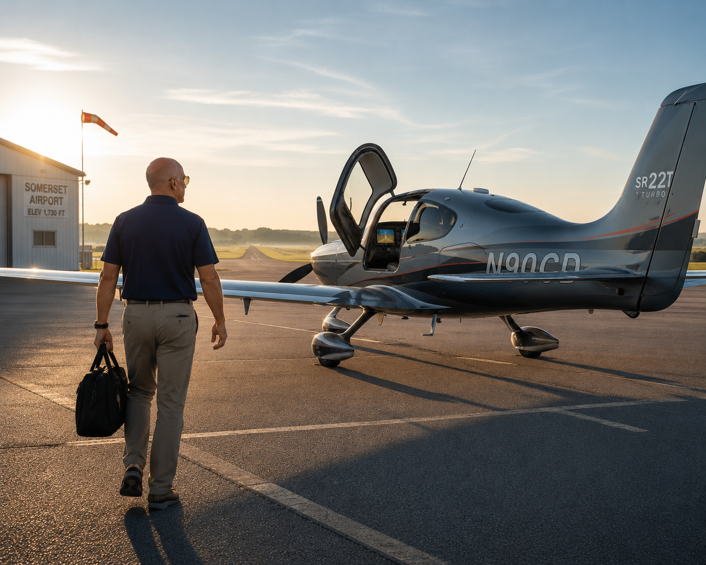 Neel Tilak walking out to his Cirrus SR22T at Somerset Airport at sunrise